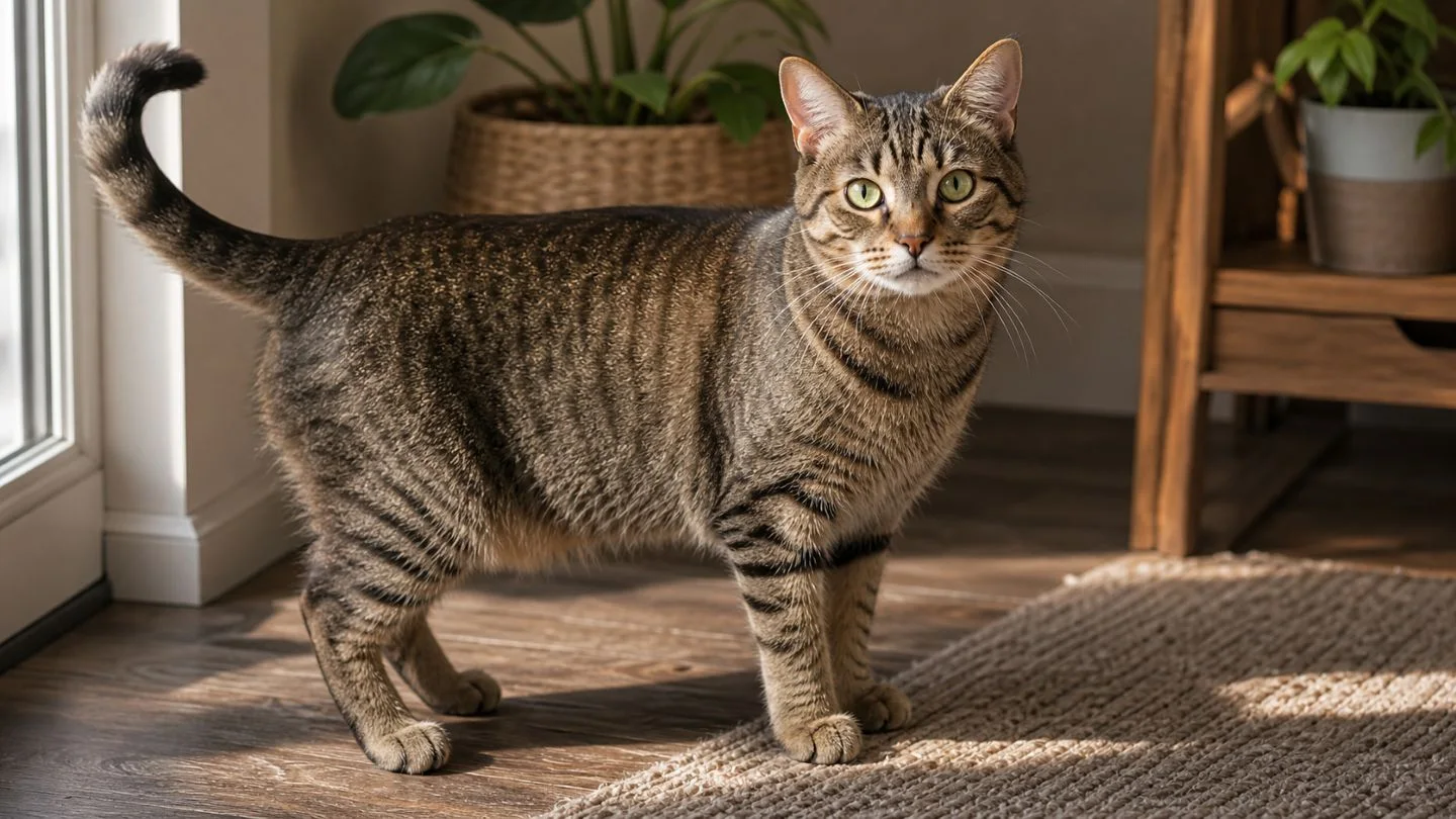 Ruhige Katze mit sichtbarem Schwanz, aufmerksamen Ohren und klaren Augen im warmen Tageslicht. - made by AI